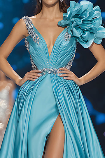 Blue A-Line V-Neck Pageant Dress With 3D Flower